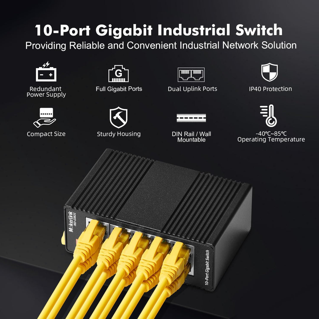 MokerLink 10 Port Gigabit Industrial DIN-Rail Ethernet Switch, Unmanaged IP40 Netzwerk-Switch (-40 b