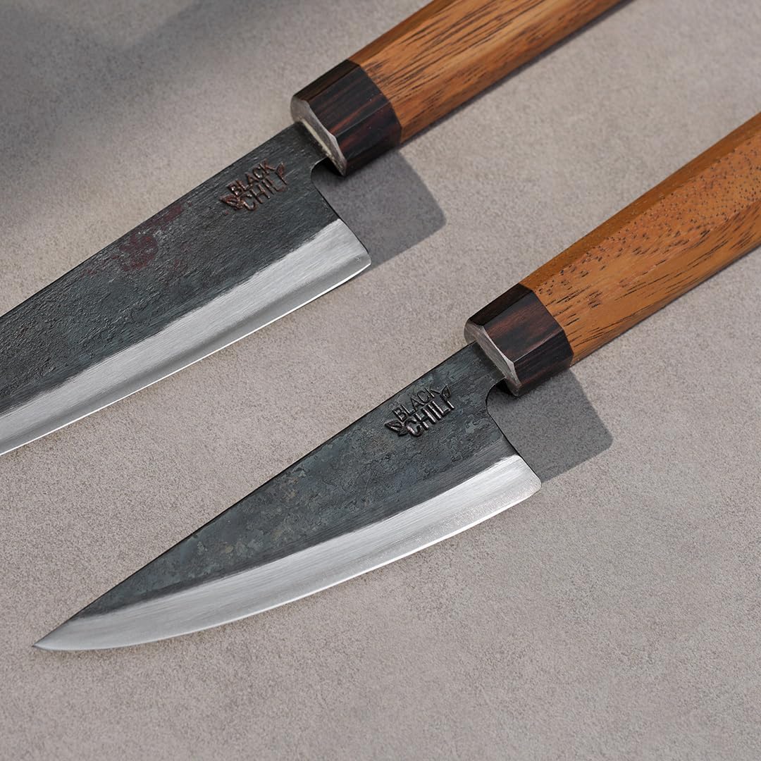 Küchenmesser Set (2-teilig) | Santoku Messer & Gemüsemesser mit Eisenholz Griff | 13 & 17 cm Carbons