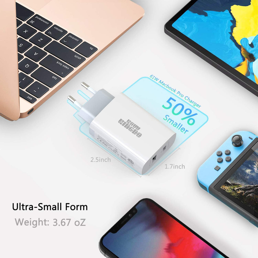 Kompaktes 61W GaN Tech USB-C-Wandladegerät, Doppel-Port mit USB-A und USB-C, USB-C Laptops, Mac Book