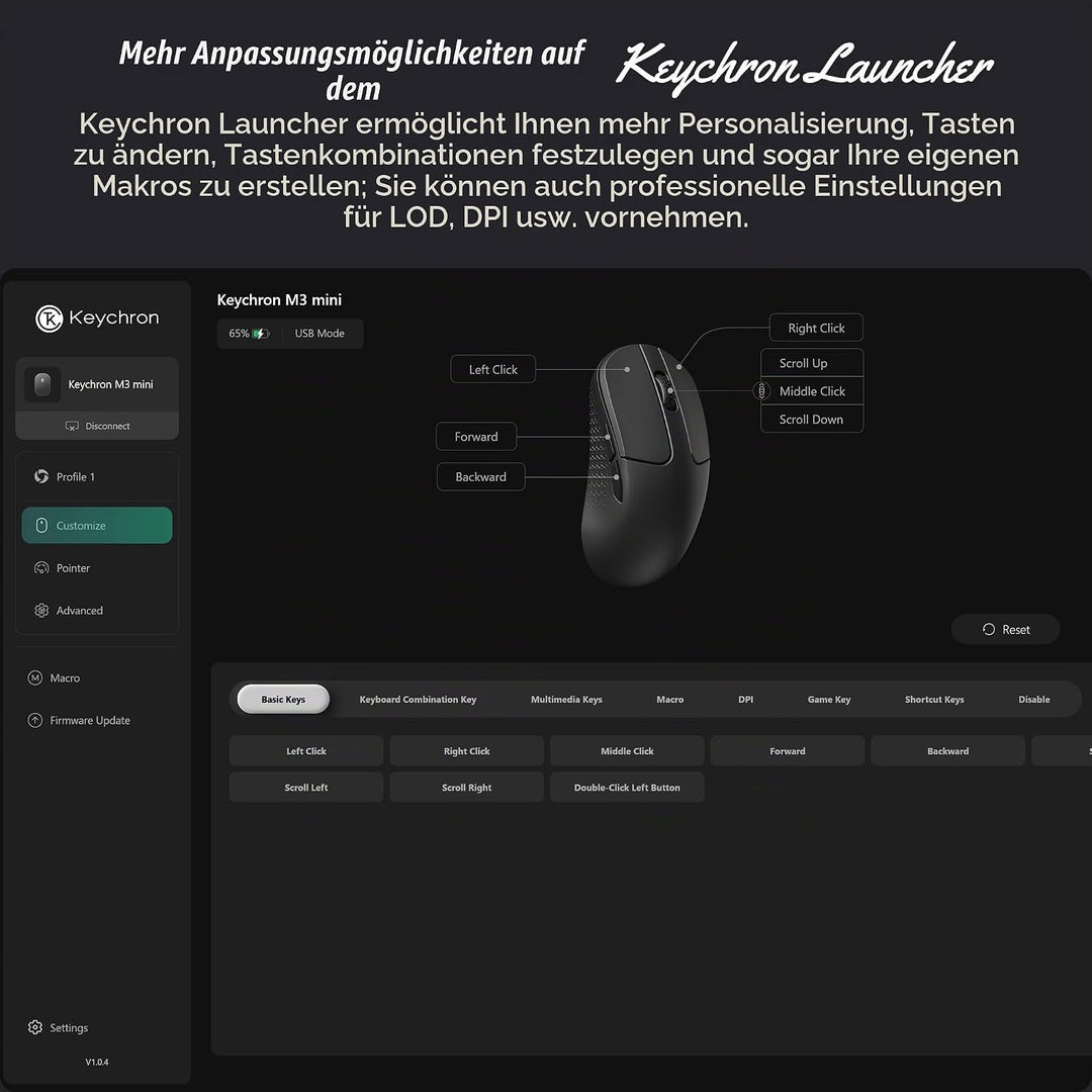 Keychron M3 Kabellose optische Maus, 2.4 GHz/Bluetooth 5.2, 1000 Hz, programmierbarer, PixArt 3311 S