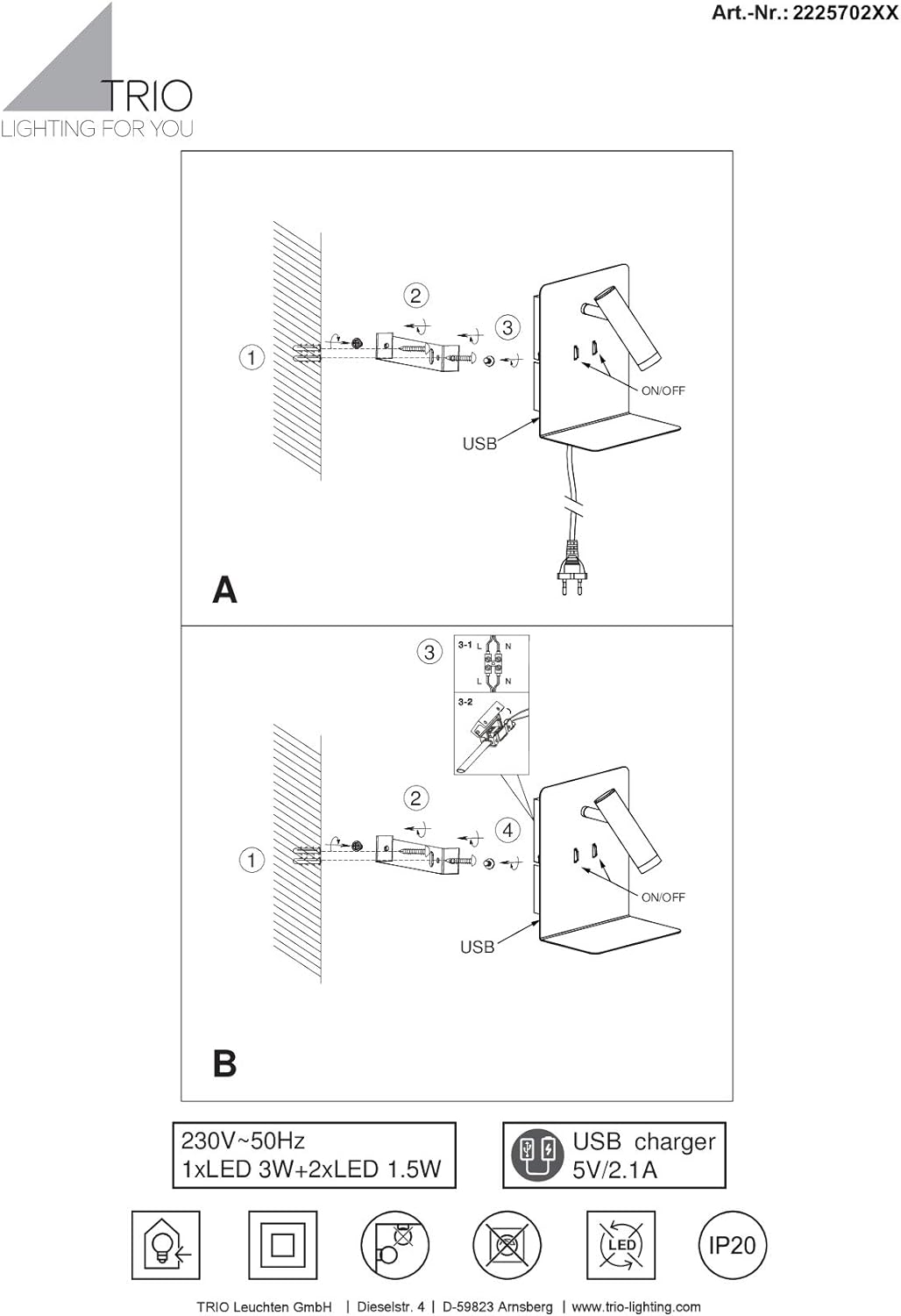 lightling LED Wandleuchte Nachttischlampe Kian mit Lese Spot und Ablage für Handy (inkl. USB Anschlu