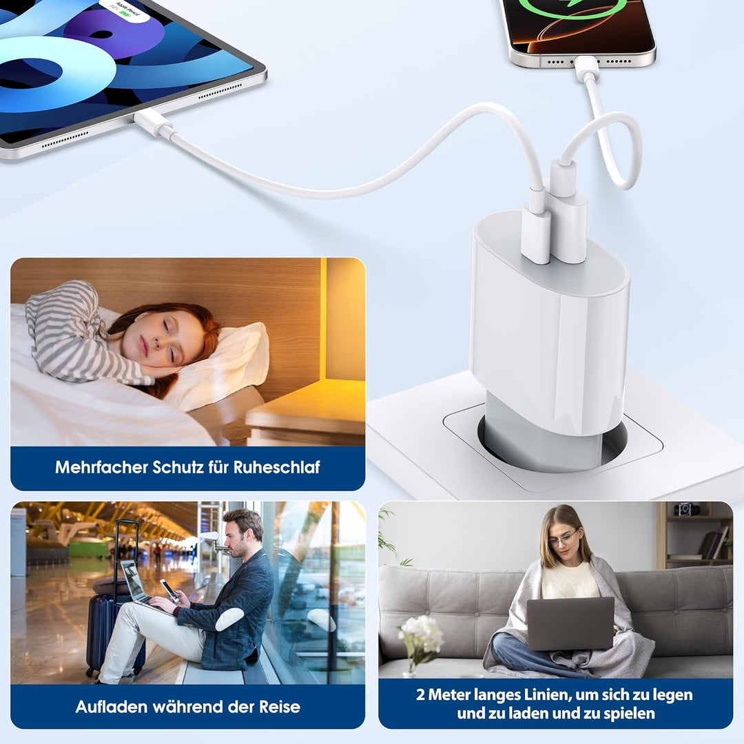 KenSera 20W USB C Ladegerät Schnellladegerät mit 2m Kabel, 2-Port Netzteil USB-C & USB-A, Fast Charg