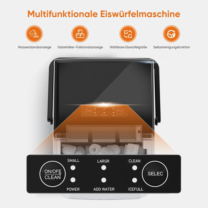 Sweetcrispy Eiswürfelmaschine mit Tragegriff, Selbstreinigend, 9 Eiswürfel in 6 Minuten, 12 kg Eis i