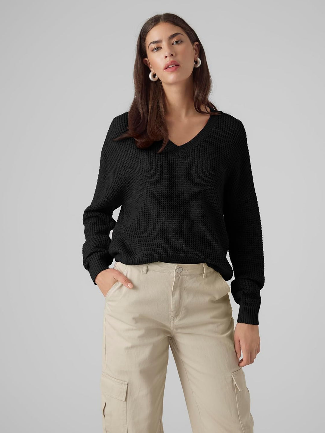 VERO MODA Damen Vmleanna Ls V-Neck Short Ga Boo Pullover S Schwarz, S Schwarz