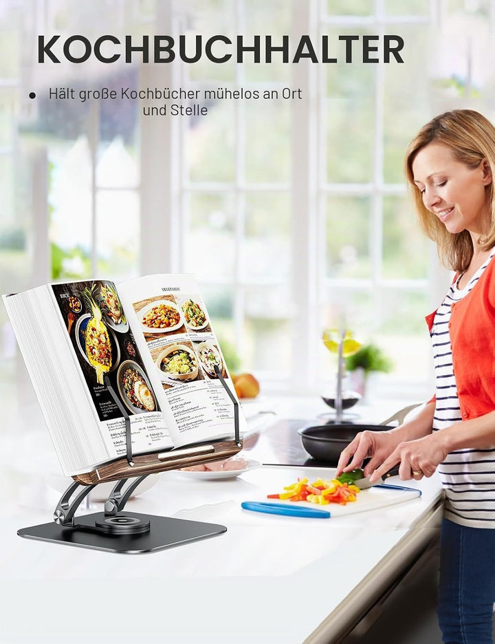 Tounee Buchständer, Verstellbarer Buchhalter mit 360° drehbarer Basis, Kochbuchständer, Rezeptbuchha