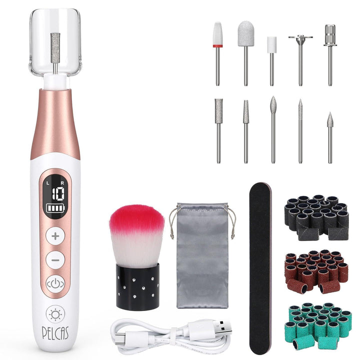 PELCAS Elektrische Nagelfräser 10 Geschwindigkeiten UV Licht Schnurloser Nagelbohrer Professionell N