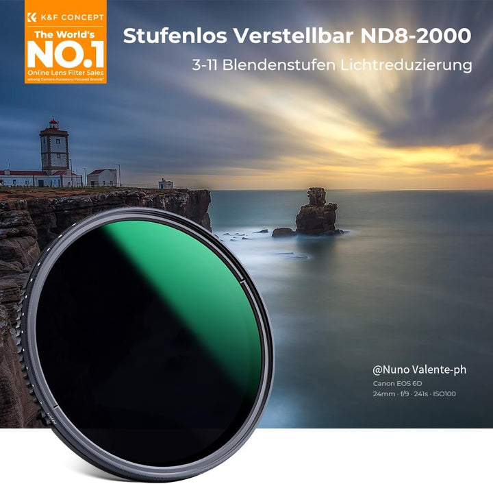 K&F CONCEPT 52mm ND Filter ND8-2000 Variabler Graufilter (3-11 Blendenstufen) （Nano-Dazzle）, 52mm