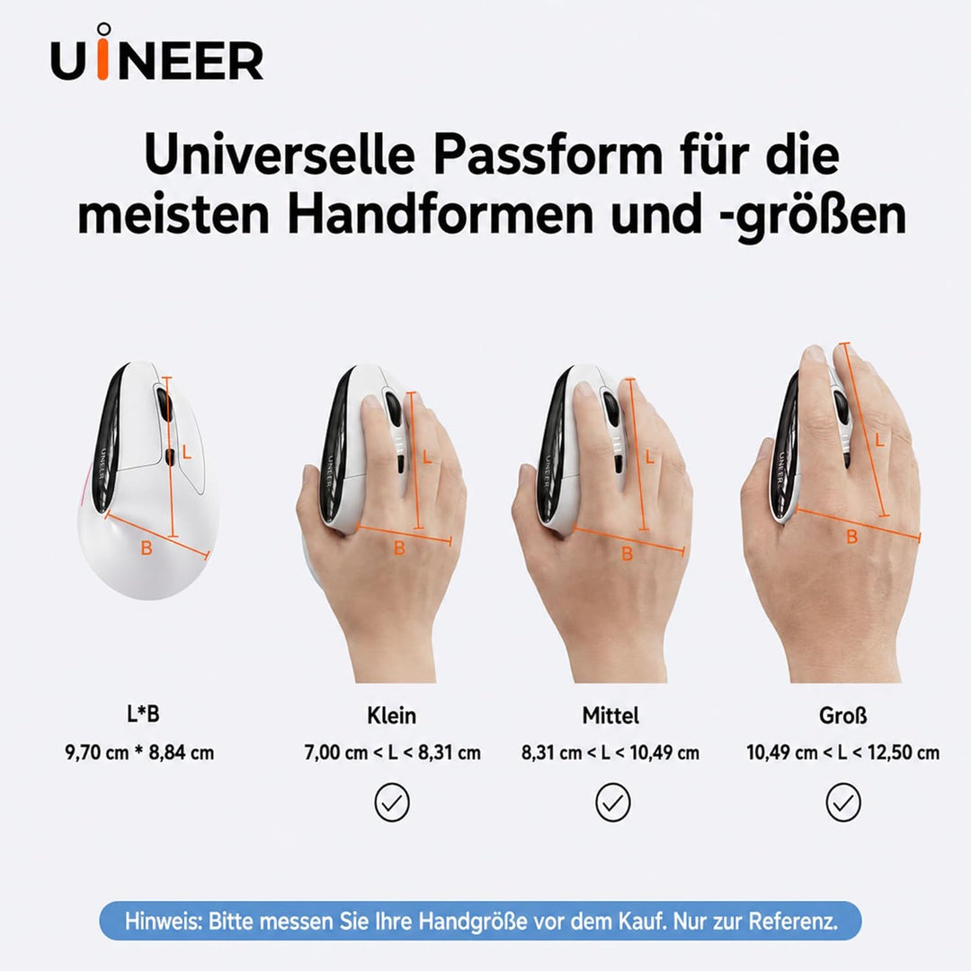 Uineer Ergonomische Maus Kabellos, Vertikale Bluetooth Maus Wiederaufladbar mit Leisem klick, 7 Farb