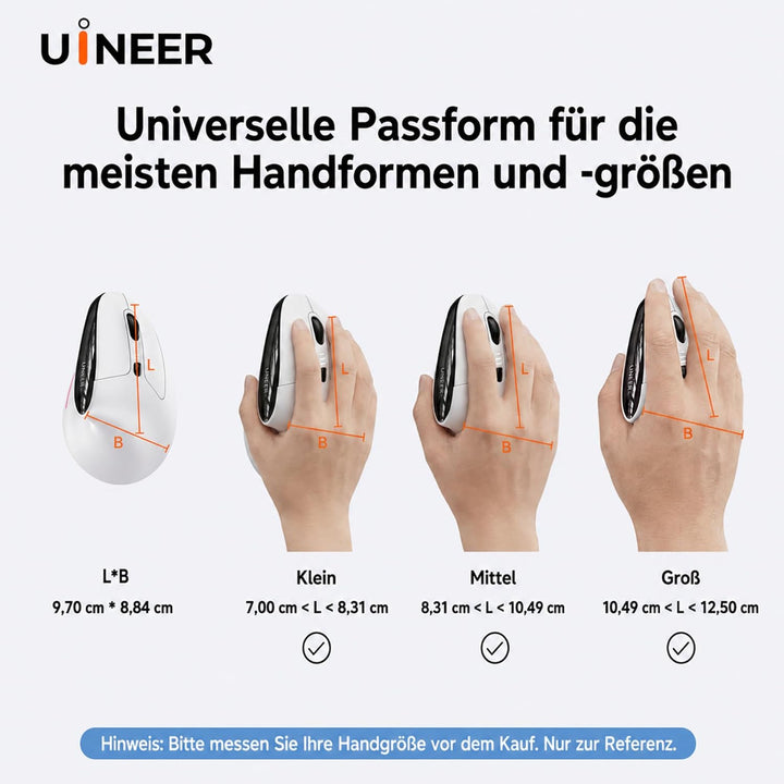 Uineer Ergonomische Maus Kabellos, Vertikale Bluetooth Maus Wiederaufladbar mit Leisem klick, 7 Farb