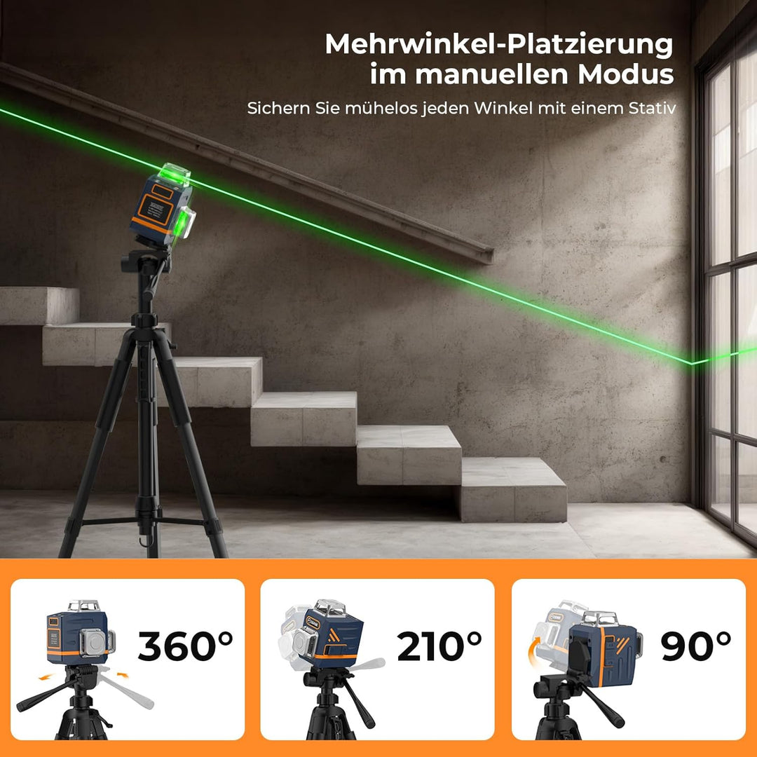 Kreuzlinienlaser mit Stativ, CIGMAN 3x360 Grad Grün Selbstnivellierend Laser Wasserwaage mit 1,5m -A