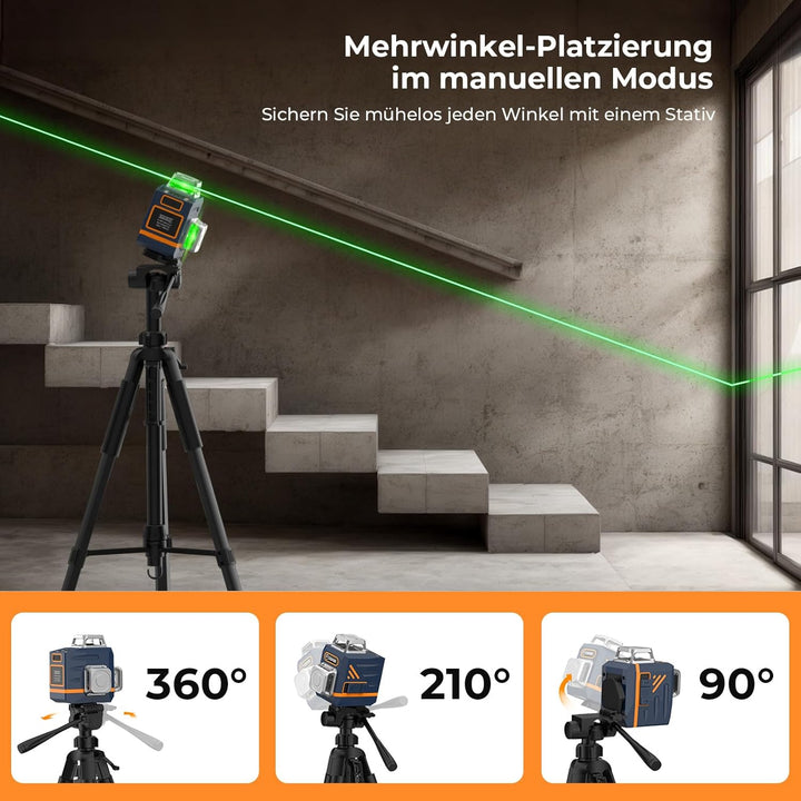 Kreuzlinienlaser mit Empfänger und Stativ, CIGMAN 3x360 Grad Grün Selbstnivellierend Laser Wasserwaa