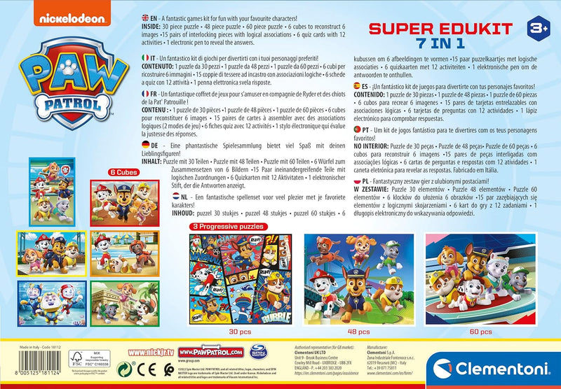 CLEMENTONI - 18112 – Super Edukit 7 in 1 – Paw Patrol (3 Puzzles von 30, 48 und 60 Stück, 6 Würfel,