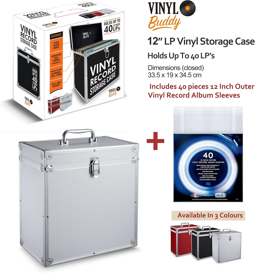 VINYL BUDDY 12" Aluminium-Schallplattenkoffer, für bis zu 40 LPs, inklusive 40x 12-Zoll-Äussere Scha