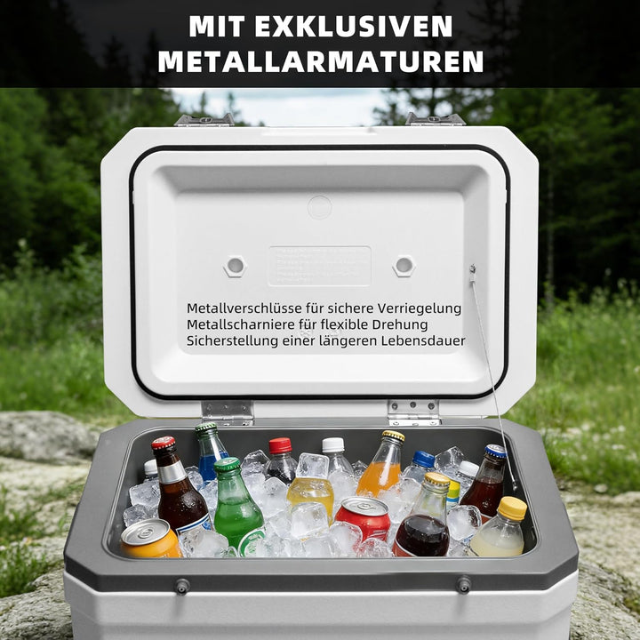 WISD 45L Kühlbox mit Rollen und Griff – Grosse Camping Kühlbox mit Metallverschlüssen & Ablaufstopfe