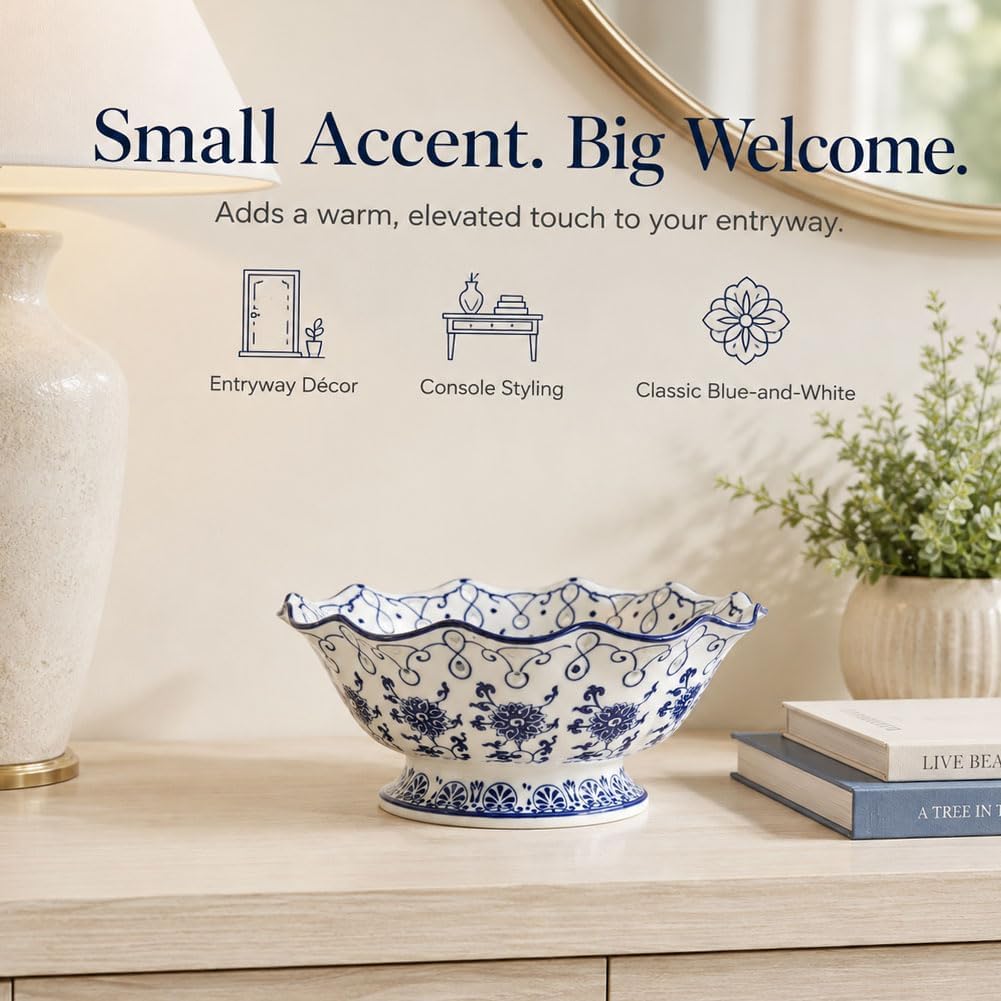 Chinoiserie Obstschale, Keramik, dekorativ, Blau und Weiss 9.4 Inch, 9.4 Inch