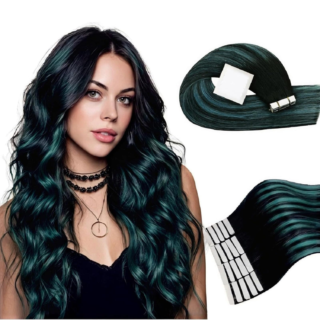 RUNATURE Tape in Extensions Echthaar Schwarz Ombre Grün Echthaar Extensions Tape 35cm 20 Stück 40g 
