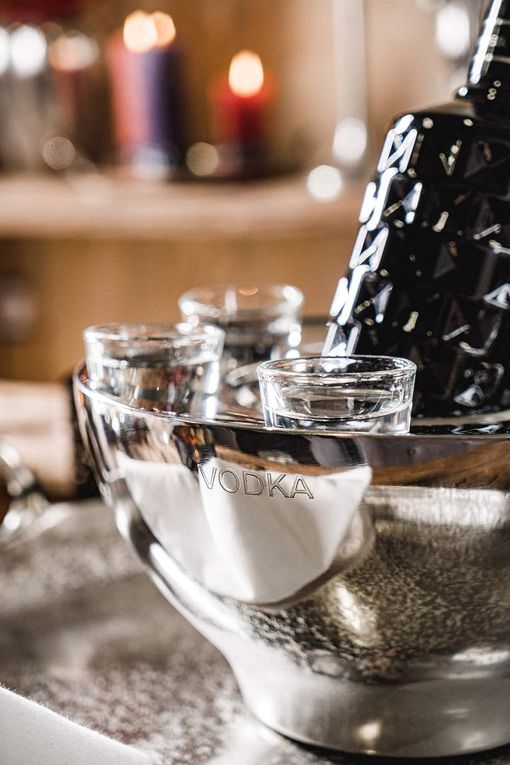 Wodkakühler Wodka Spirituosen Kühler "VODKA" Edelstahl + 6 Shotgläsern Silber, Flaschenkühler Geträn