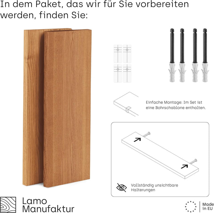 LAMO Manufaktur 2 Stück Wandregal aus Holz mit unsichtbarer Befestigung 2X 40cm | Wandregal Holz | H