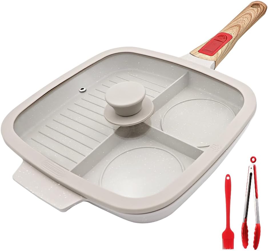 Bobikuke Multi Grillpfanne mit Deckel und Abnehmbarer Griff, Steakpfanne Induktion 3 in 1 - Weiss We