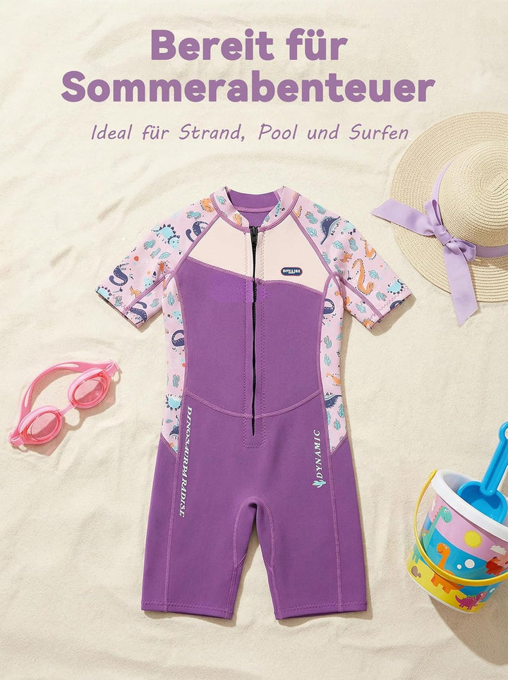 Mädchen 2.5mm Neoprenanzug Kinder Einteiler Tauchanzug Tropisch Violet Kurzarm Shorty Badeanzug Schn