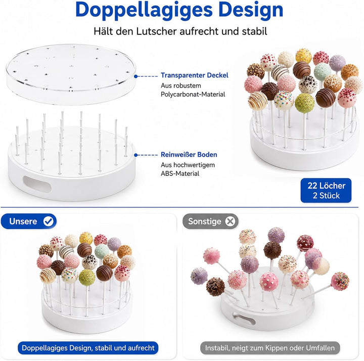Cake Pop Ständer mit 22 Löchern (2er-Pack) für Cake Pops und Lollipops | Transparenter Cake Pop Halt