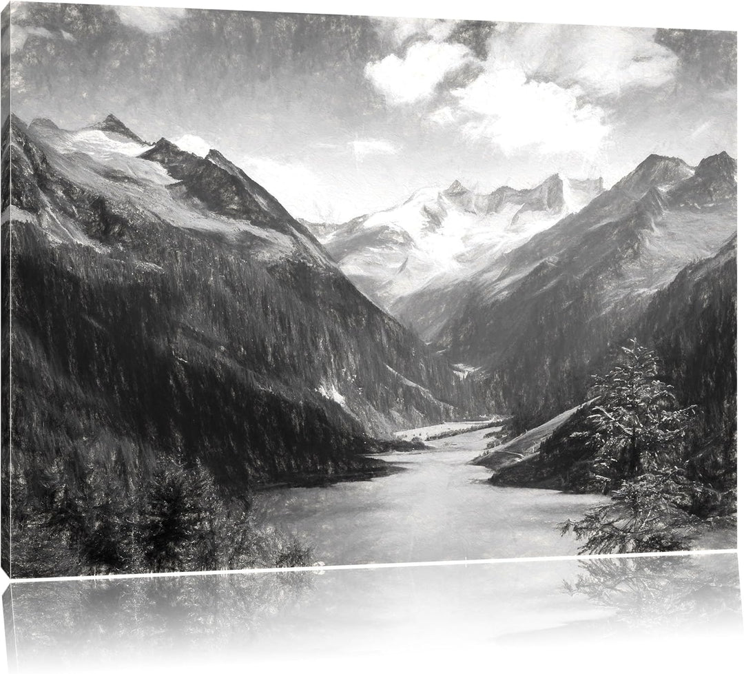 Pixxprint See zwischen Bergen als Leinwandbild/Grösse: 100x70 cm/Wandbild/Kunstdruck/fertig bespannt