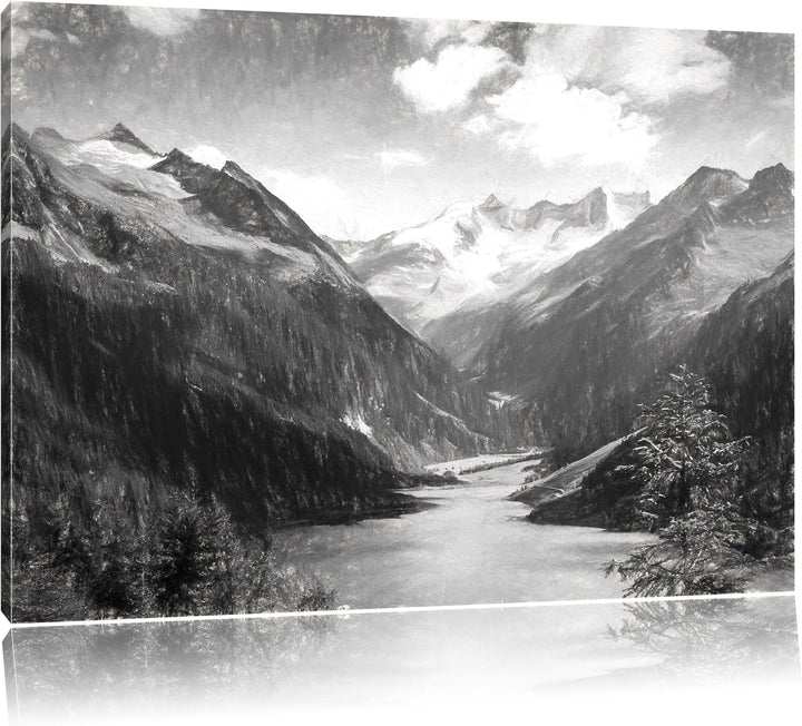 Pixxprint See zwischen Bergen als Leinwandbild/Grösse: 100x70 cm/Wandbild/Kunstdruck/fertig bespannt