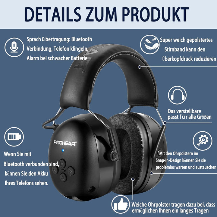 PROHEAR 037 Gehörschutz mit Bluetooth, BT 5.1-Technologie Kopfhörer mit Eingebautem Mikrofon und Lär