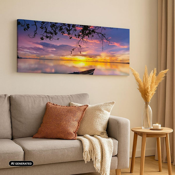 Wandbilder Dekoration Wohnzimmer Boot Sonnenuntergang See Himmel Panorama Bilder auf Leinwand 120x50