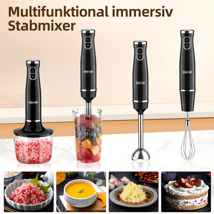 CHeflee Stabmixer Set 5 in 1 (800 Watt) Pürierstab, mit Edelstahl Mixfuss, Schneebesen, Milchaufschä