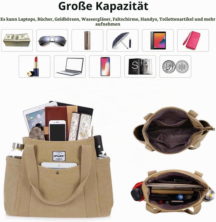 HAWEE Canvas Damen Handtasche Shopper Tote Bag Grosse Schultertasche mit Reissverschluss Umhängetasc
