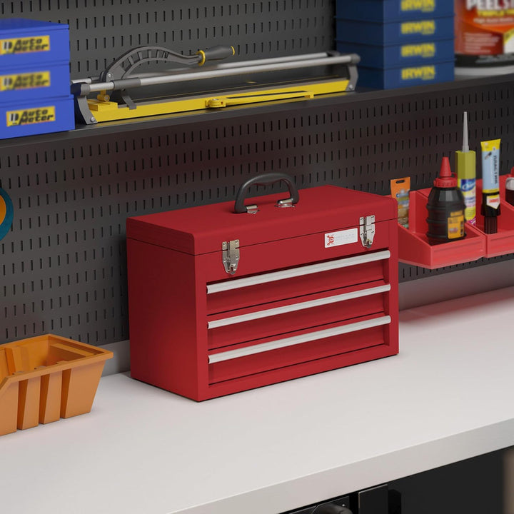 DURHAND Werkzeugkoffer leer, 51 x 22 x 32 cm Werkzeugkasten mit 3 Schubladen, oberes Staufach, Handg