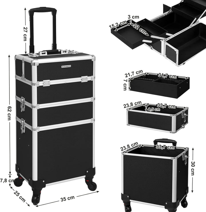 SONGMICS Kosmetikkoffer, Trolley, 3-in-1 Schminkkoffer, gross, Friseurkoffer, 35 x 25 x 69,8 cm, abs