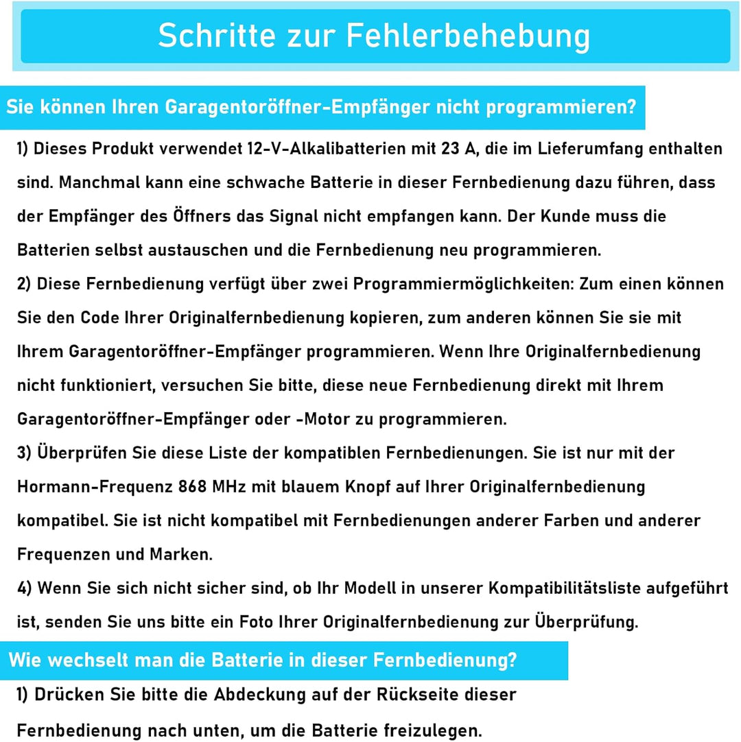 Handsender Fernbedienung Transmitter kompatibel mit 868,3MHZ HORMANN HSM2 HSM4 HS1 HS2 HS4 HSE2 HSZ1