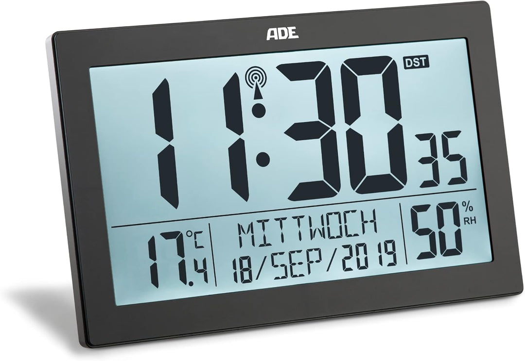 ADE Digitale Funkuhr mit grossem XL-Display | Kalender | mit Temperaturanzeige & Hygrometer | Wanduh