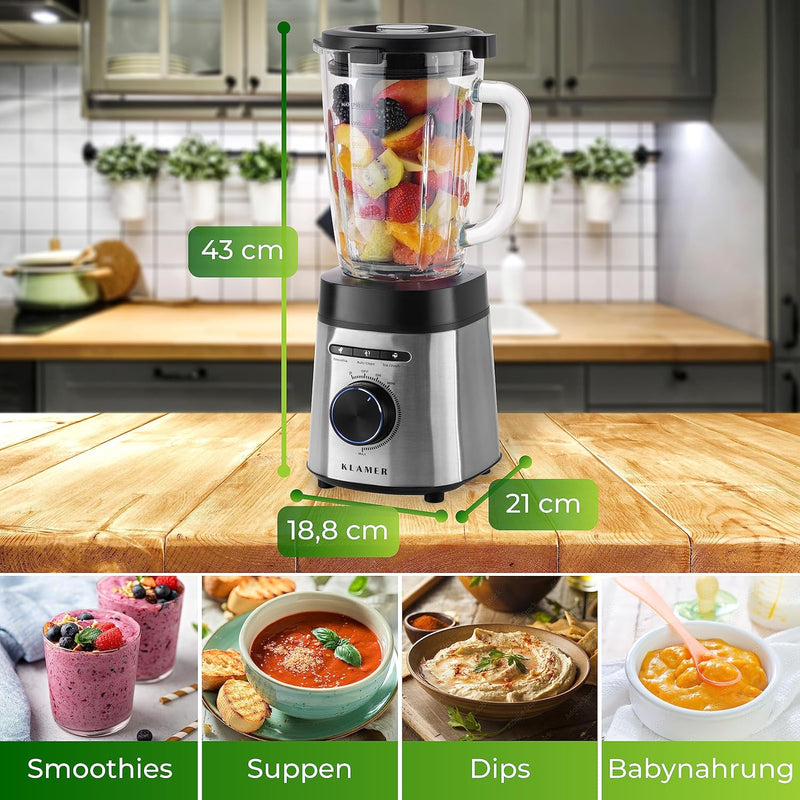 KLAMER Standmixer, 1,75 L Glasbehälter, Elektrischer Mixer mit 1400 Watt, Smoothie Maker mit 22.000