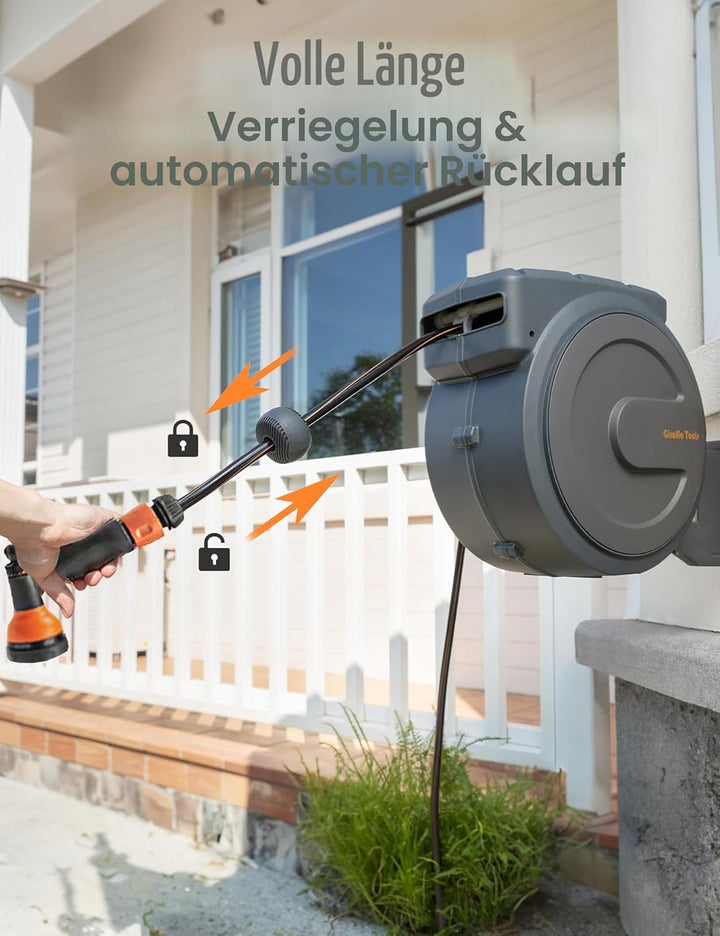 Giraffe Tools Gartenschlauchtrommel-Set mit Wasserhahn-Splitter und Abdeckung, einziehbarer 30 m Sch