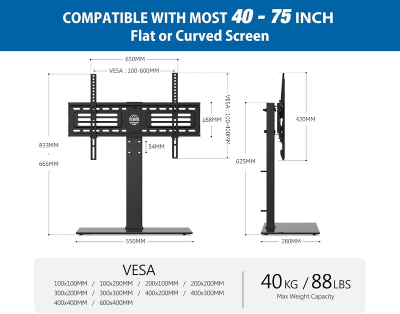 FITUEYES TV Standfuss TV Ständer für 40-75 Zoll LCD LED OLED Plasma Flach & Curved Fernseher bis zu