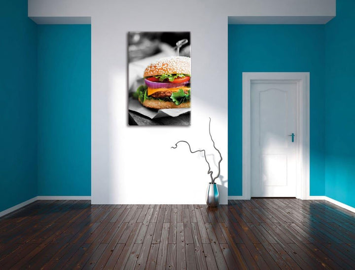 Pixxprint Perfekter Burger mit Pommes / 100x70cm Leinwandbild bespannt auf Holzrahmen/Wandbild Kunst