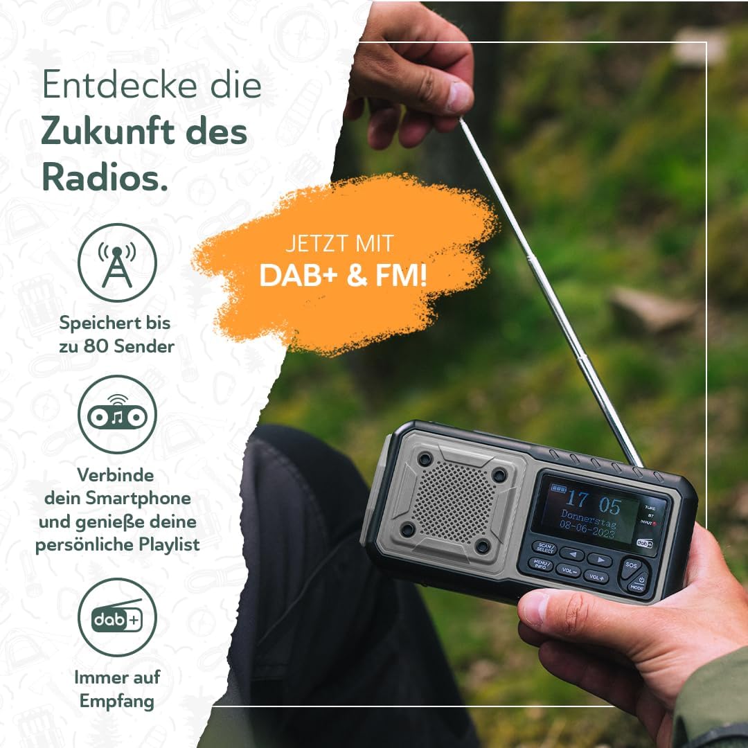 Acta Berg Kurbelradio DAB+/UKW | Notfallradio mit Kurbel &amp; 5000 mAh Akku | Solar Radio mit Wecker |