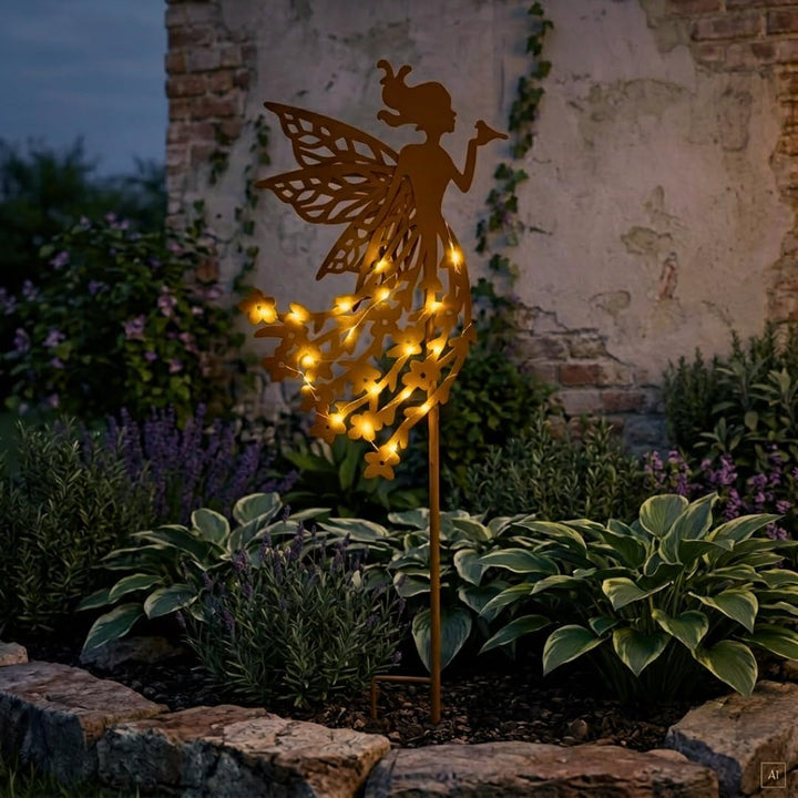 abc HOME Solar Gartenstecker Fee – Metall Dekostecker in Edelrost-Optik mit 20 LEDs – Warmweisses Li