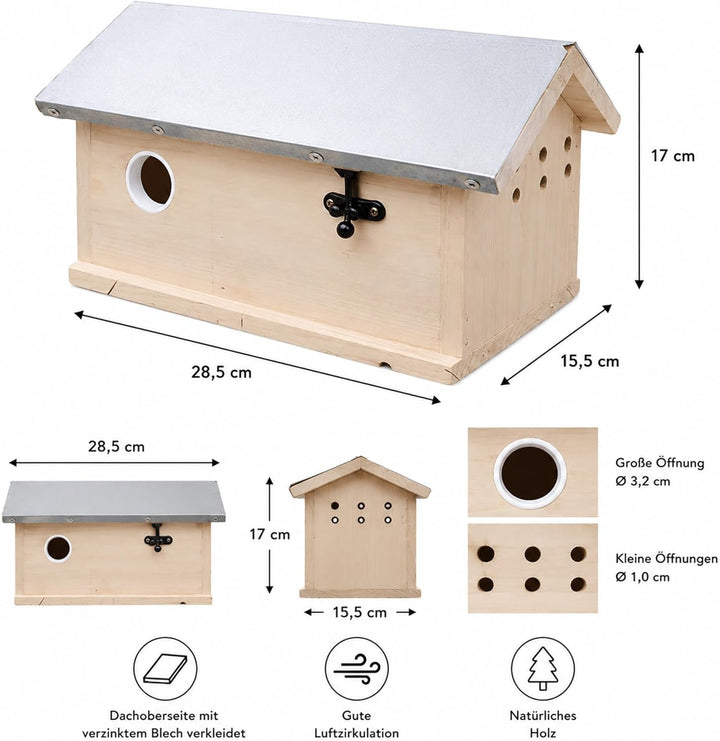 Mucola Hummelhaus aus Holz 28,5x15,5x17cm Hummelkasten Nistkasten | wetterfestes aufklappbares Dach