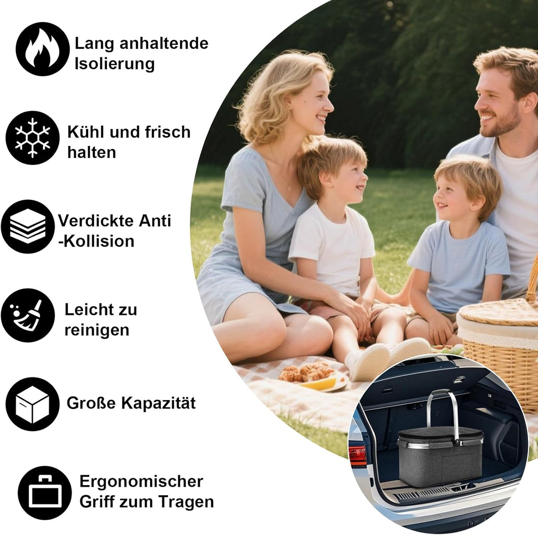 ALLCAMP 32L grosser Isolierkorb Kühltasche Picknickkorb Isoliertasche Kühlkorb Kühlbox Dunkelgrau 32