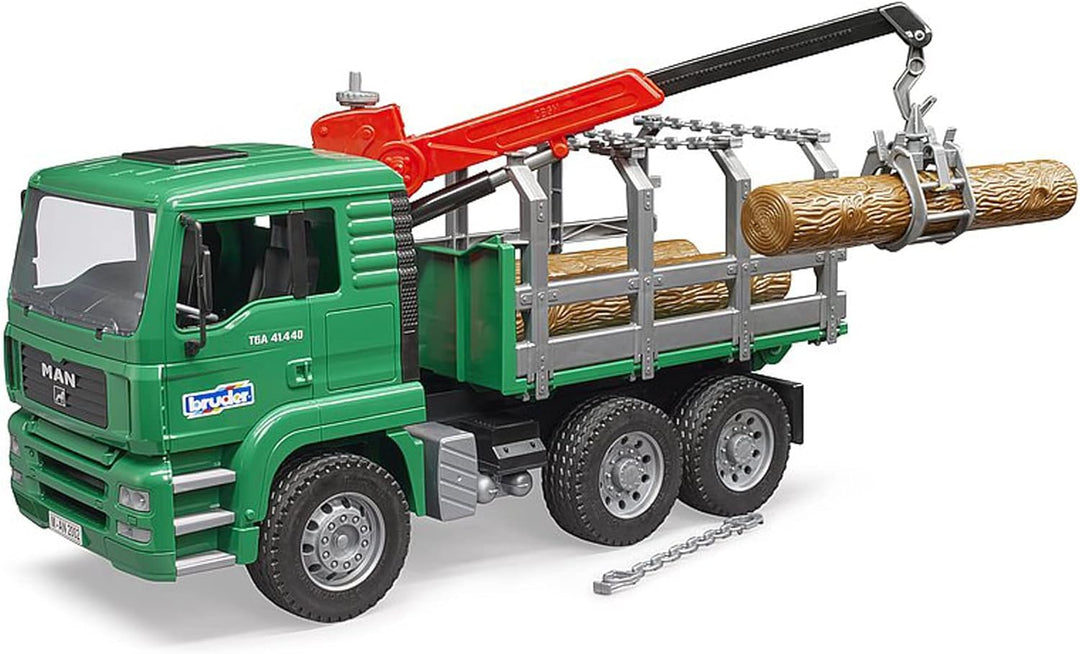 bruder 02769 - Man Holztransport-LKW mit Ladekran & 3 Baumstämmen - 1:16 Holztransporter Lastwagen L