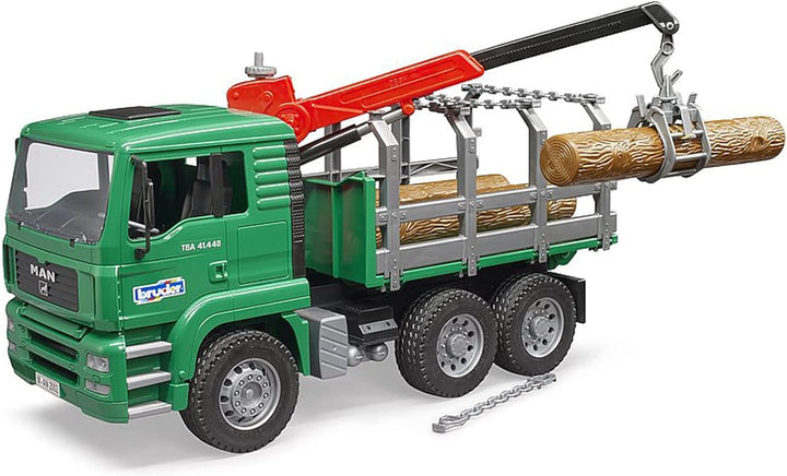 bruder 02769 - Man Holztransport-LKW mit Ladekran & 3 Baumstämmen - 1:16 Holztransporter Lastwagen L