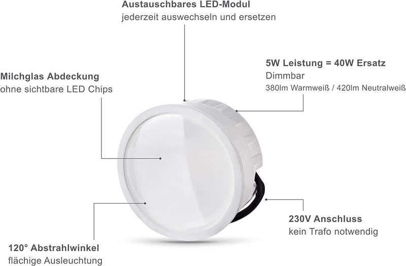 lambado® Flache LED Aufbaustrahler IP44/Deckenstrahler inkl. 230V 5W Spots dimmbar - Wasserschutz fü