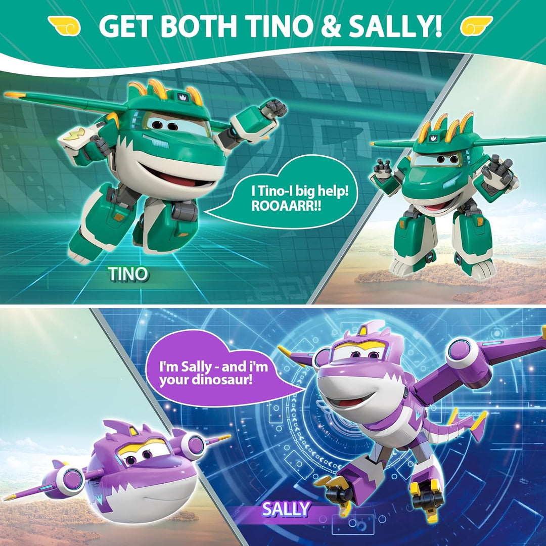 Super Wings Dinosaurier 2PCS Tino & Sally, 12,7 cm Flugzeug-Spielzeug, 2 in 1 Actionfigur für Vorsch