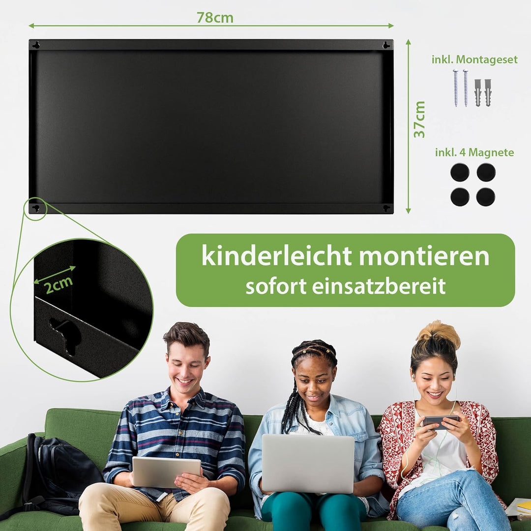 banjado Magnettafel schwarz 78 x 37cm / Magnetwand Metall/Magnetpinnwand als Memoboard/Pinnwand Magn