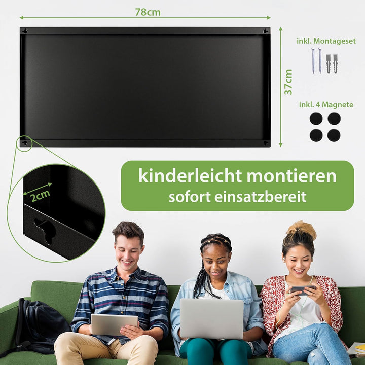 banjado Magnettafel schwarz 78 x 37cm / Magnetwand Metall/Magnetpinnwand als Memoboard/Pinnwand Magn