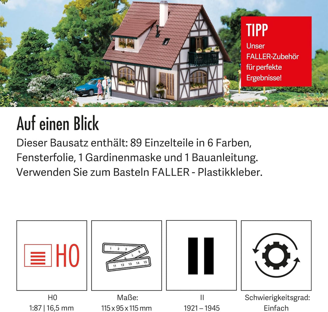 FALLER Einfamilienhaus Modellbausatz mit 89 Einzelteilen 115 x 95 x 115 mm I Modelleisenbahn Zubehör